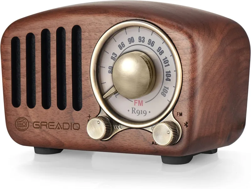Greadio Vintage Bluetooth Hoparlör FM Radyo – Ceviz Gövde, 5W, AUX/TF