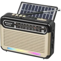 G Keni RX-BT168S retro radyo önden görünüm, açık güneş paneli ve renkli ortam ışığı
