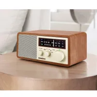 Sangean WR-16 radyo çapraz açıdan, ahşap kabin ve düğmeler