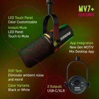 Shure MV7+ Podcast Dynamic Microphone USB-C & XLR Podcast Mikrofonu – OBS Certified Yayıncı Mikrofonu, LED Touch Panel, Auto Level Mode, Digital Pop Filter, Reverb Efektleri – Siyah